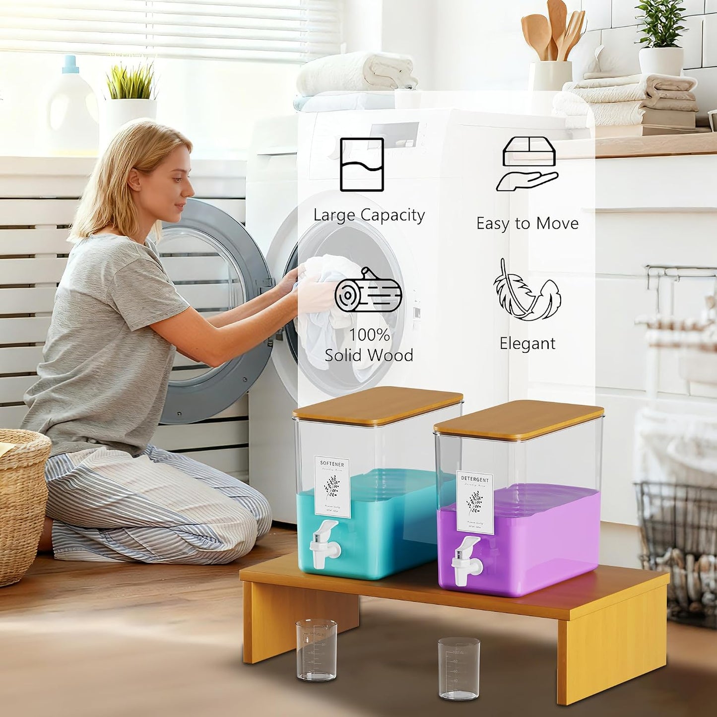 RoleDes Laundry Detergent Dispenser Set, Liquid Laundry Soap Dispensers for Detergent and Fabric Softener, 2 x 101 oz Refillable Containers with Stand for Laundry Room Organization