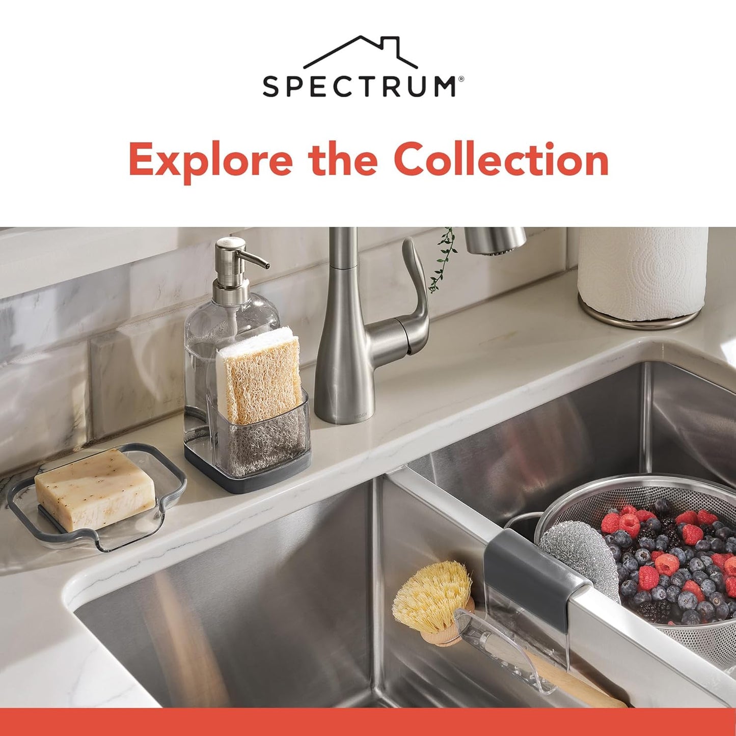 Spectrum Sink Saddle for Kitchen Sink Gray Slate Tint Sponge and Brush Holder Organizer, Dish Brush and Sponges Plastic Saddle Caddy for Double Sink Storage with Drain Holes for Quick Drying