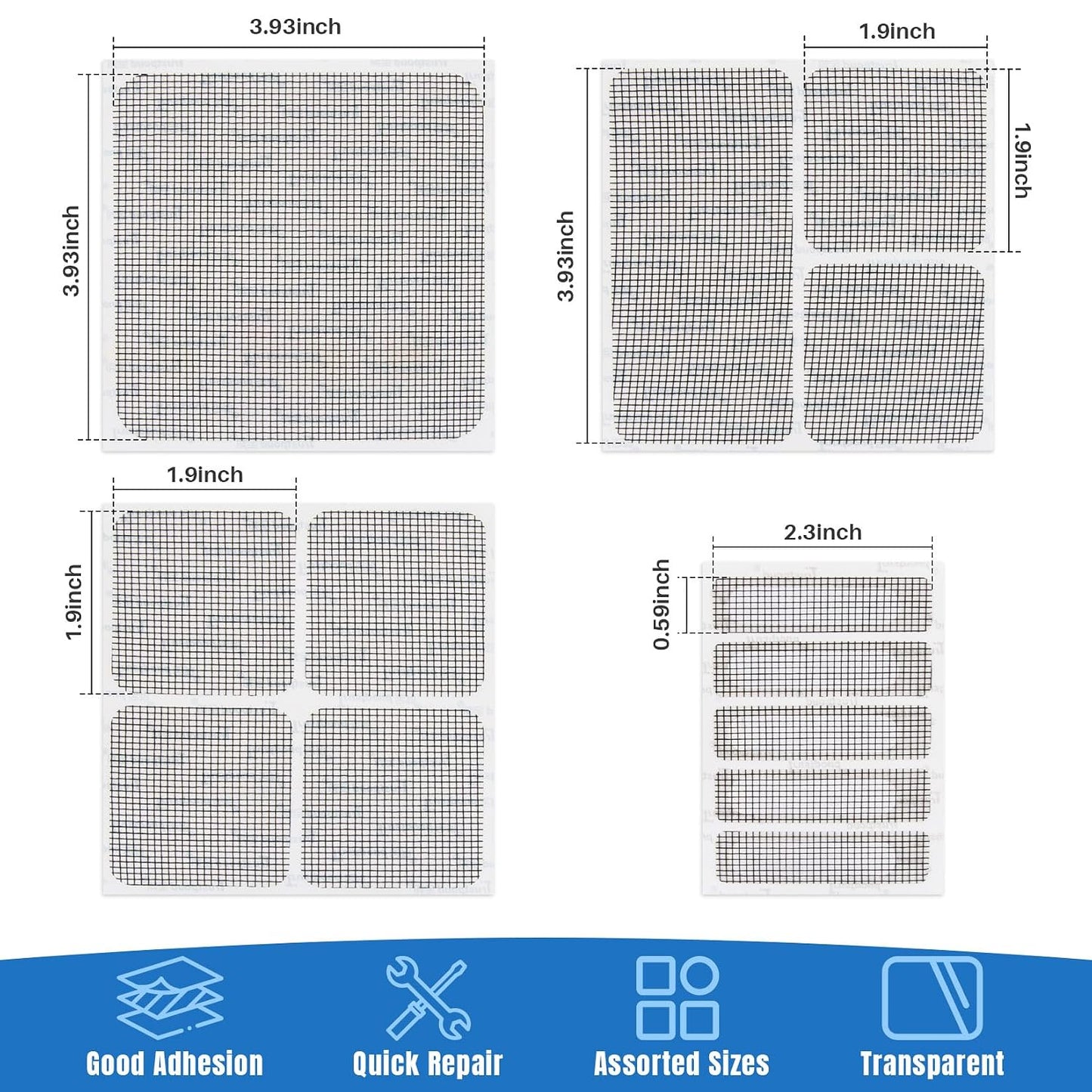 16Sheets Window Screen Repair Kit - Black Self-Adhesive Screen Patch Repair Kit, 4 Sizes Patches Mesh Tape for Mesh Screens Door, Window Drain Holes, Strong Adhesion Easy to Use