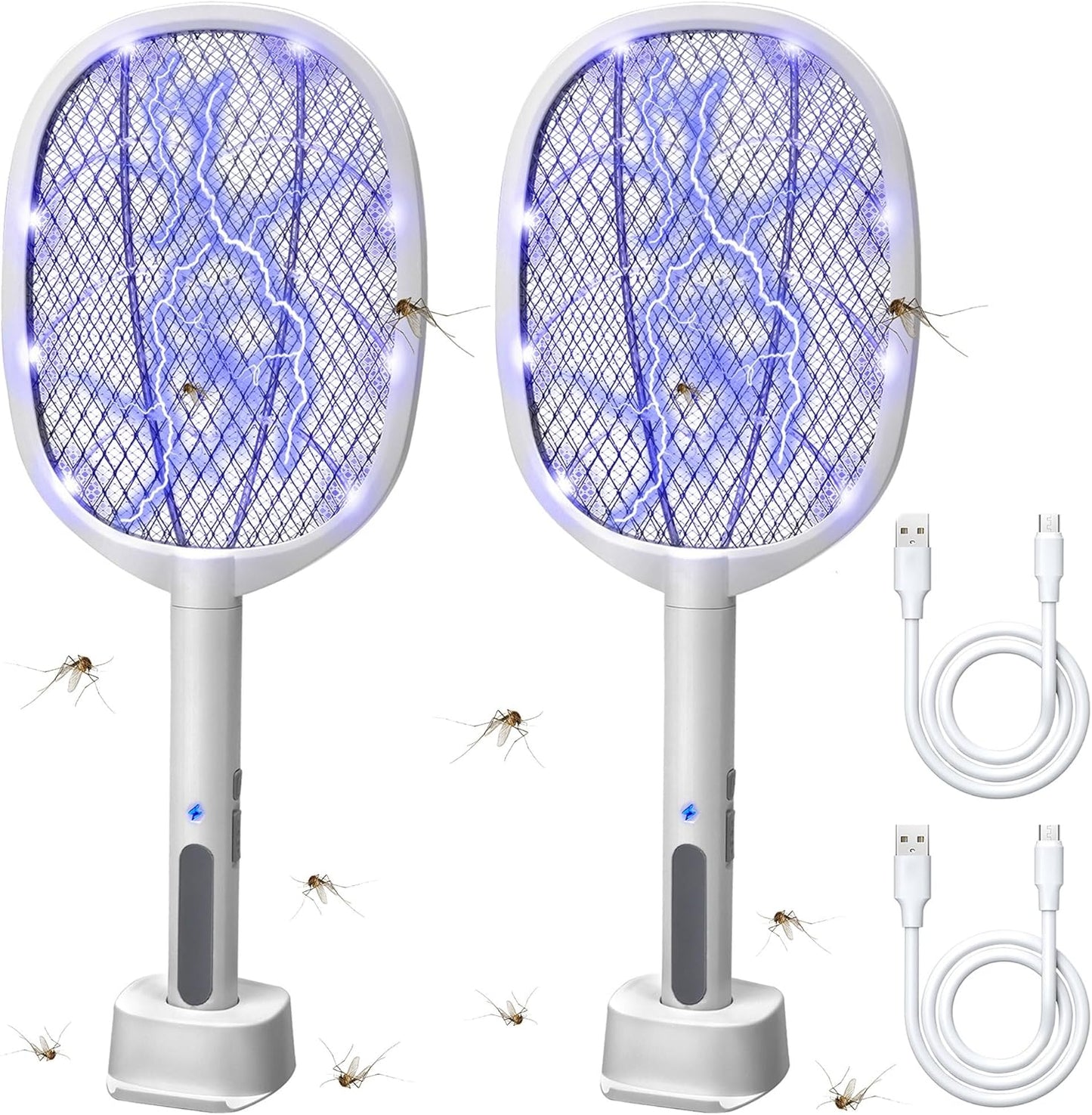 Lulu Home 2-in-1 Electric Bug Zapper Racket, 2 Pack 4000V High Voltage LED Lighted Handheld Mosquito Swatter with 3 Layer Safety Mesh, USB Charging Portable Fly Killer Racquet