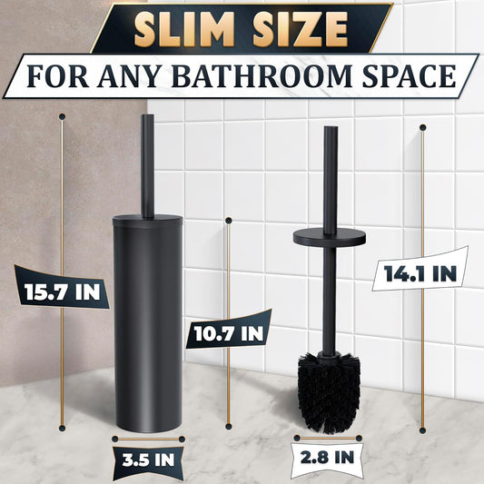 Black Toilet Brush and Holder Set - Slim Matte Design that Fits Anywhere - Stainless Steel Toilet Bowl Brush and Holder with 2 Rounded Corners, Replaceable Head, Removable Inner Bowl & Splash Guard