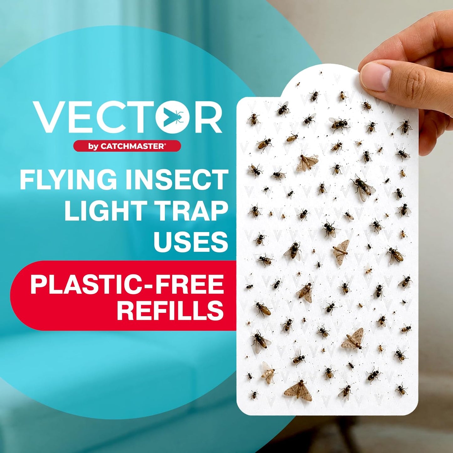 Catchmaster Vector 9 UV Light Plug in Flying Insect Trap - Silent Indoor Bug Catcher for House & Fruit Flies, Gnats & Moths - Mess-Free Easy Setup & Cleanup - with 12 Glue Trap Refills, Year Supply