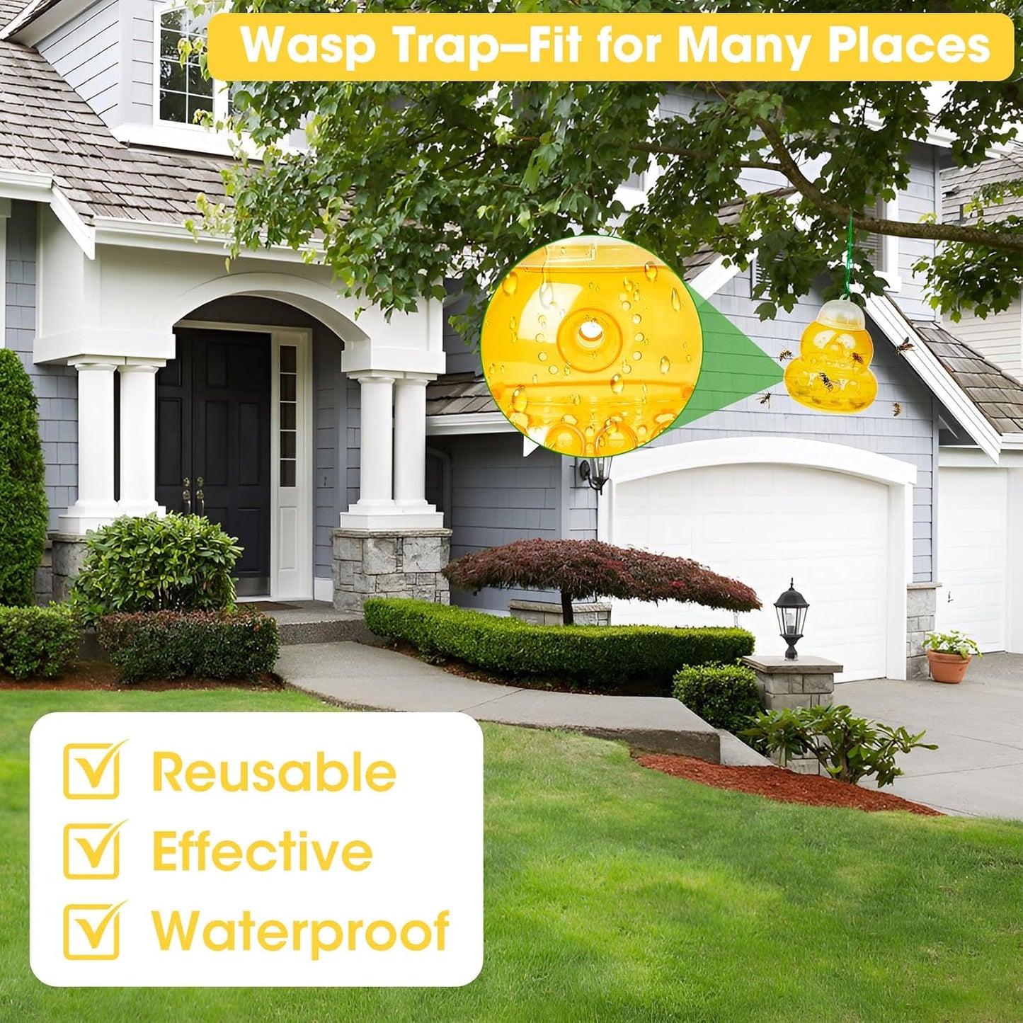 Wasp Traps Outdoor Hanging Yellow Jacket Trap Carpenter Bee Traps for Outside, Hornet Trap Plastic Bee Catcher Wasp Killers for Garden Farm (Yellow-2 Pack)