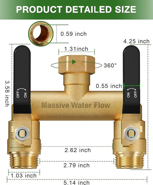 Hose Splitter 2 Way Heavy Duty, Full Flow Garden Hose Splitter with 2 Long Metal Handles, Brass Rust and Freeze Resistant Water Hose Bib Splitter, T Adapter Connector with 3/4 - Inch GHT Thread(Red)