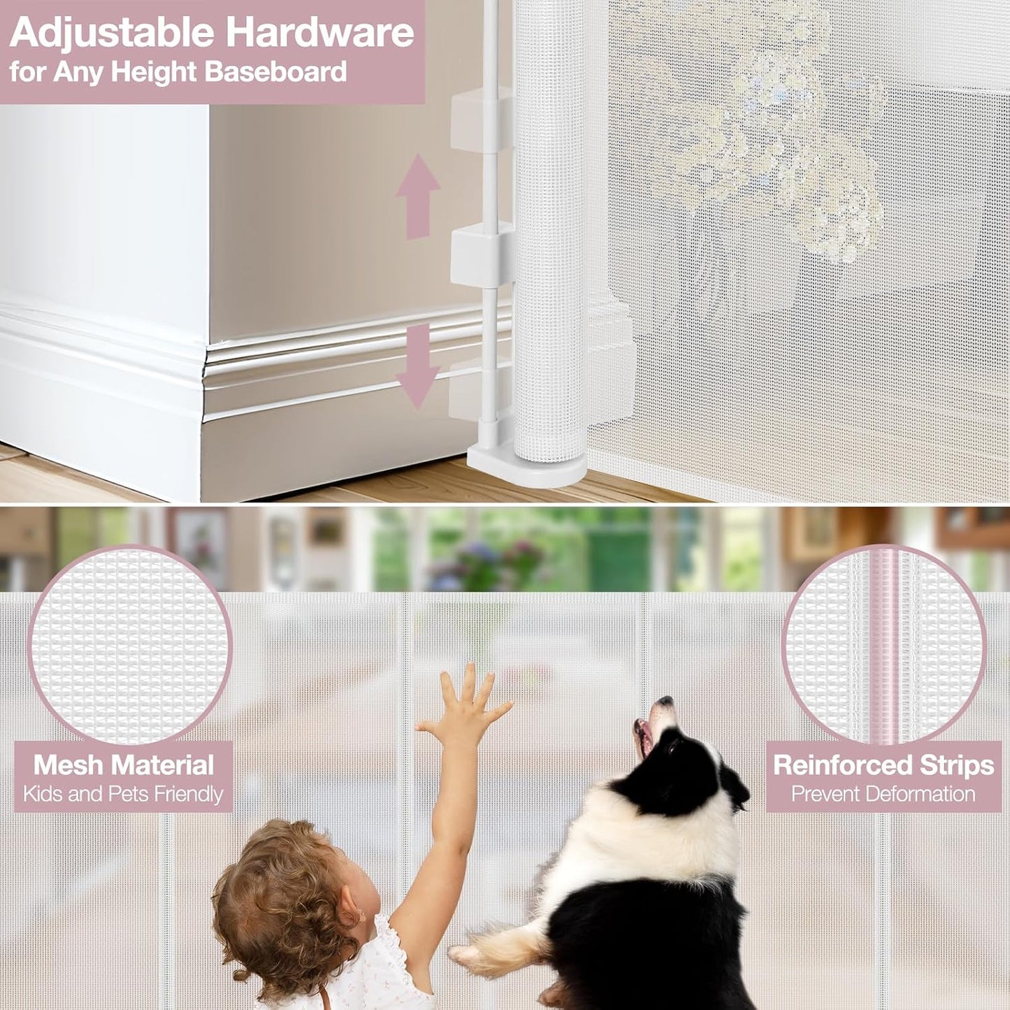 Reinforced 72" Wide Retractable Dog Gate with Support Rods - Prevent Crawling Under Extra Wide Baby Gate Retractable Gate Outdoor, Retractable Pet Gate Long Dog Gate, Mesh Gates for Kids or Pets, Gray