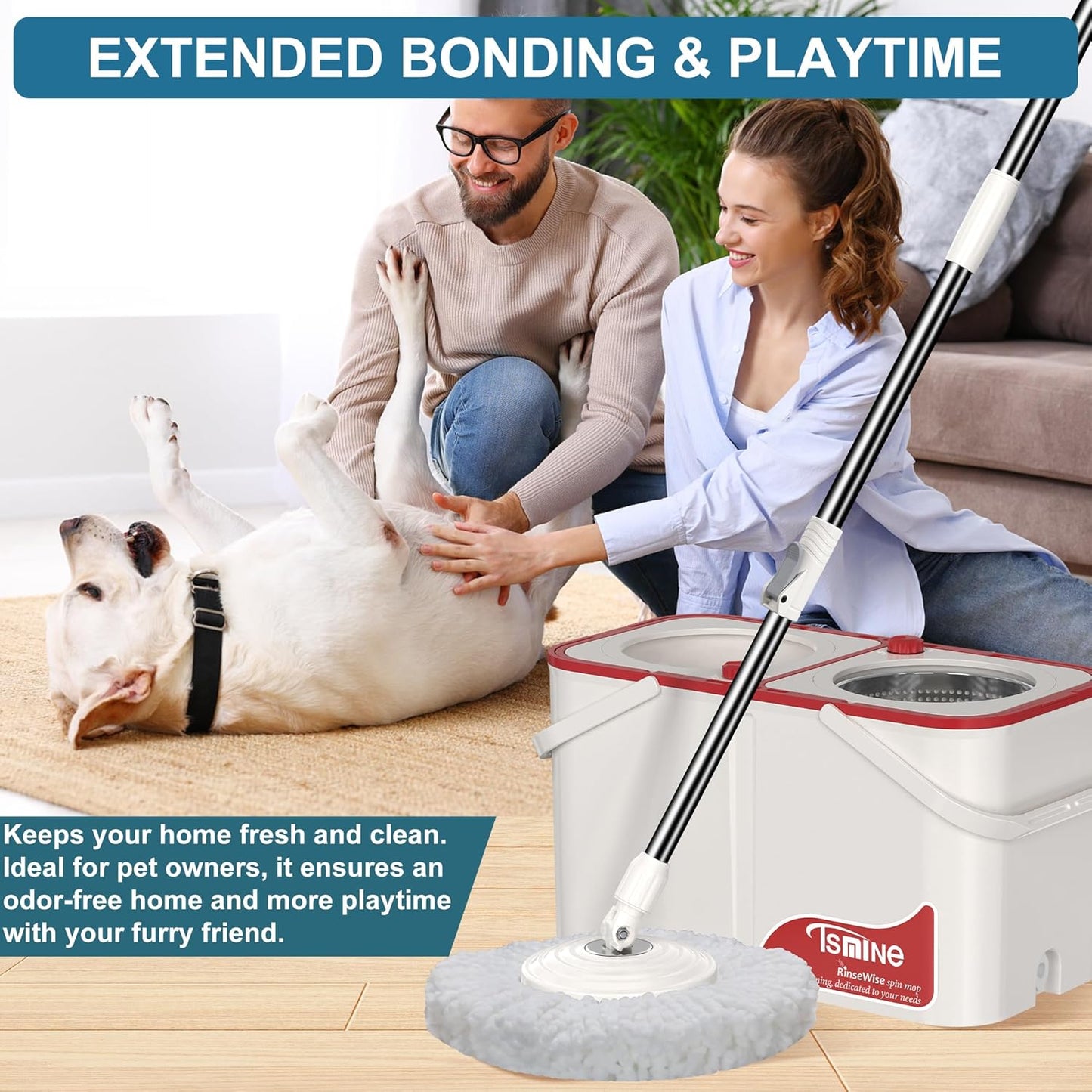 Spin Mop for Large Homes & Big Floor Cleaning, Clean & Dirty Water Separation Mop Bucket for Family & Pet Homes,4-Chamber System, Glide Wheels, Safe for Hardwood & Tile, Adjustable Handle, 6 Mop Heads