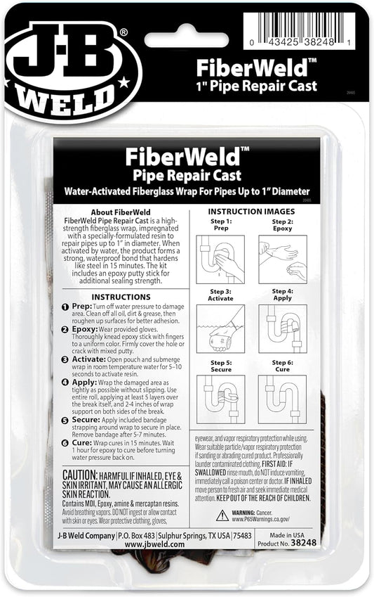J-B Weld FiberWeld 2” Pipe Repair Cast 2x60 Inch - High Strength Adhesive Fiberglass Wrap - White (38260)