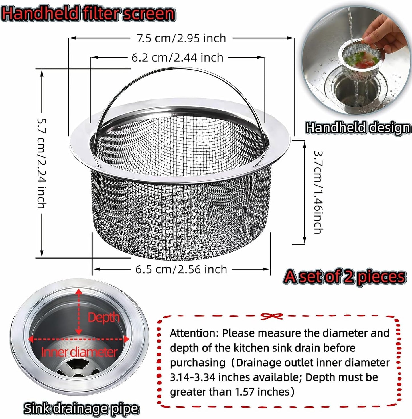 Stainless Steel Kitchen Sink Strainer - Deep Cup Basket Design, 2-Pack, Upgraded Double-Layer Safety, Large Food Catcher, Fits Most Standard Drains (3.14"-3.34" Inner Dia), Rustproof, Easy to Clean
