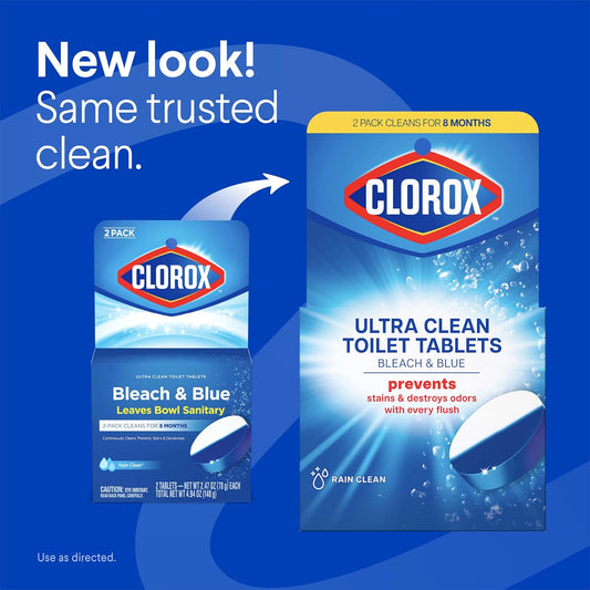 Clorox Ultra Clean Toilet Tablets Bleach & Blue, Rain Clean Scent, 2.47 Ounces Each, 4 Count (Package May Vary)