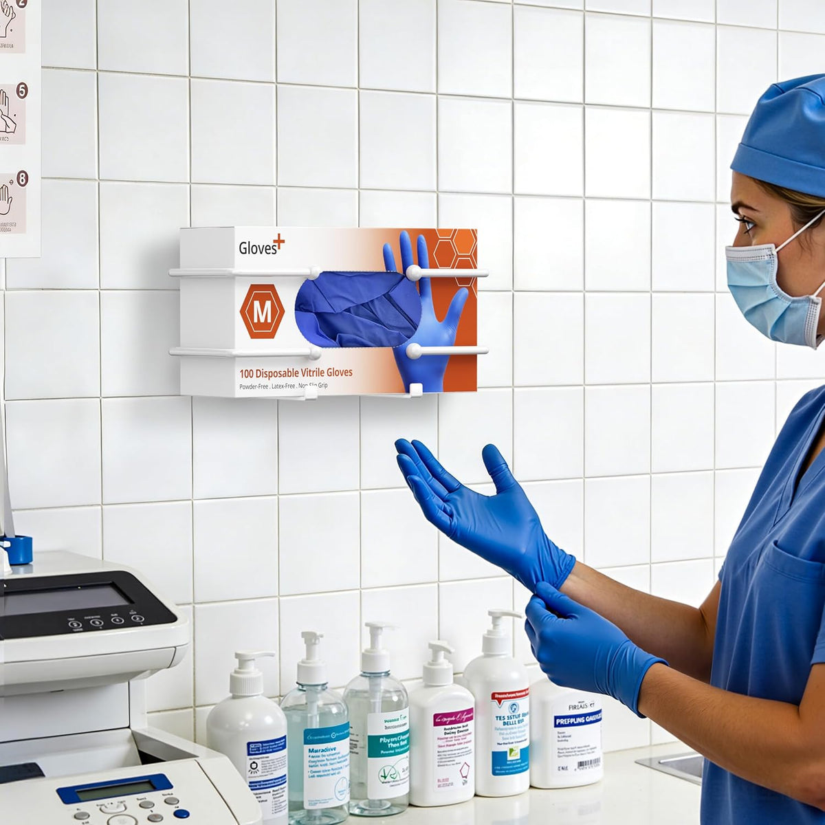 Adhesive Glove Box Holder Wall Mount, Metal Disposable Gloves Dispenser for Latex & Nitrile Boxes, No-Drill Tissue & Wipes Organizer for Kitchen, Lab, Bathroom, White