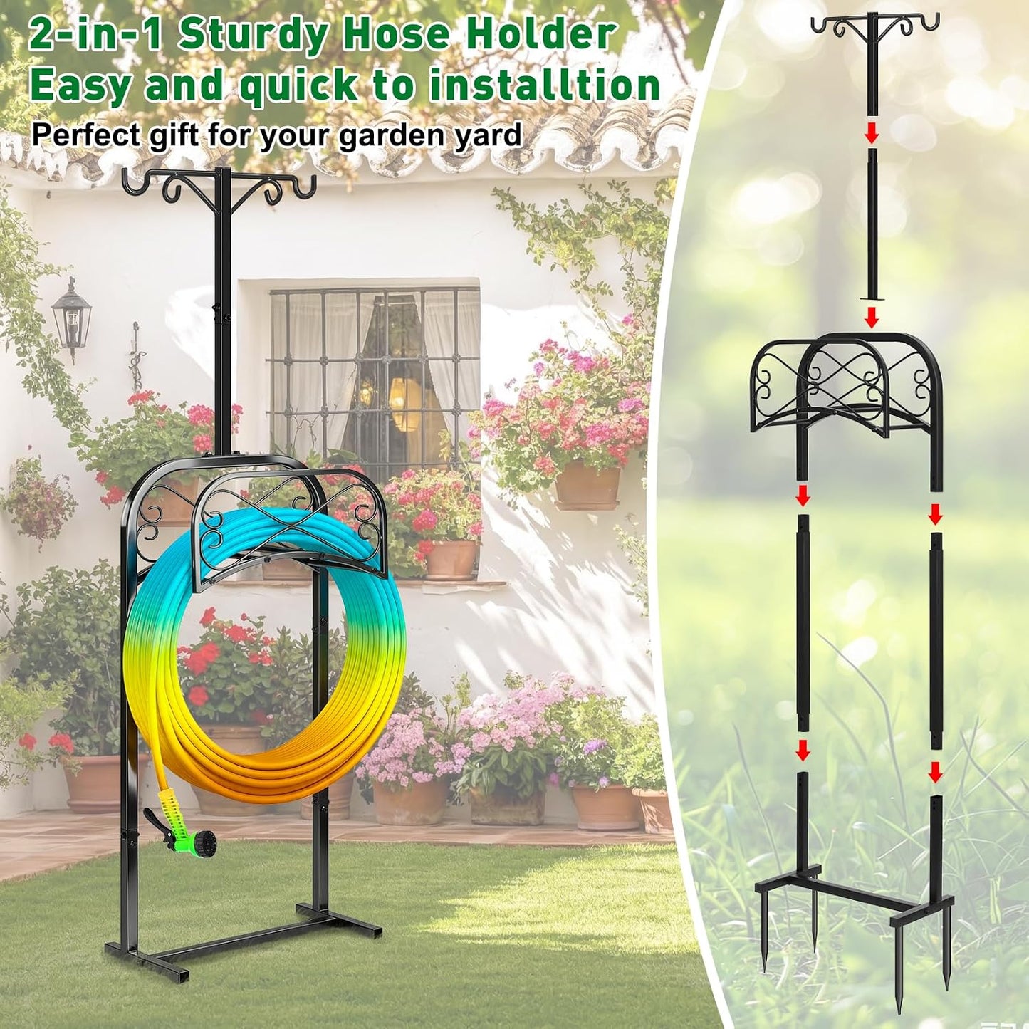 Gtongoko Garden Hose Holder for Outside 43" Heavy Duty Freestanding Water Hose Holder with 4 Stable Spikes Metal Hose Stand Holds Up to 150FT Hose & 44LB Detachable Hose Storage for Yard Lawn Patio