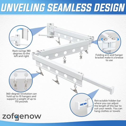 ZOFGENOW Clothes Drying Rack Wall Mounted, Retractable & Collapsible(Tri-Fold) Space-Saving Foldable Laundry Drying Rack for Indoor & Outdoor Use - Laundry Rooms, Bathroom & Balconies (White)