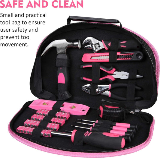 CARTMAN 52-Piece Pink Hand Tool Set, Home Repair Kit With Round Carry Pouch | Compact pink hand tool assortment for home repairs, DIY projects, apartment fixes, office needs, and everyday tasks in pouch.