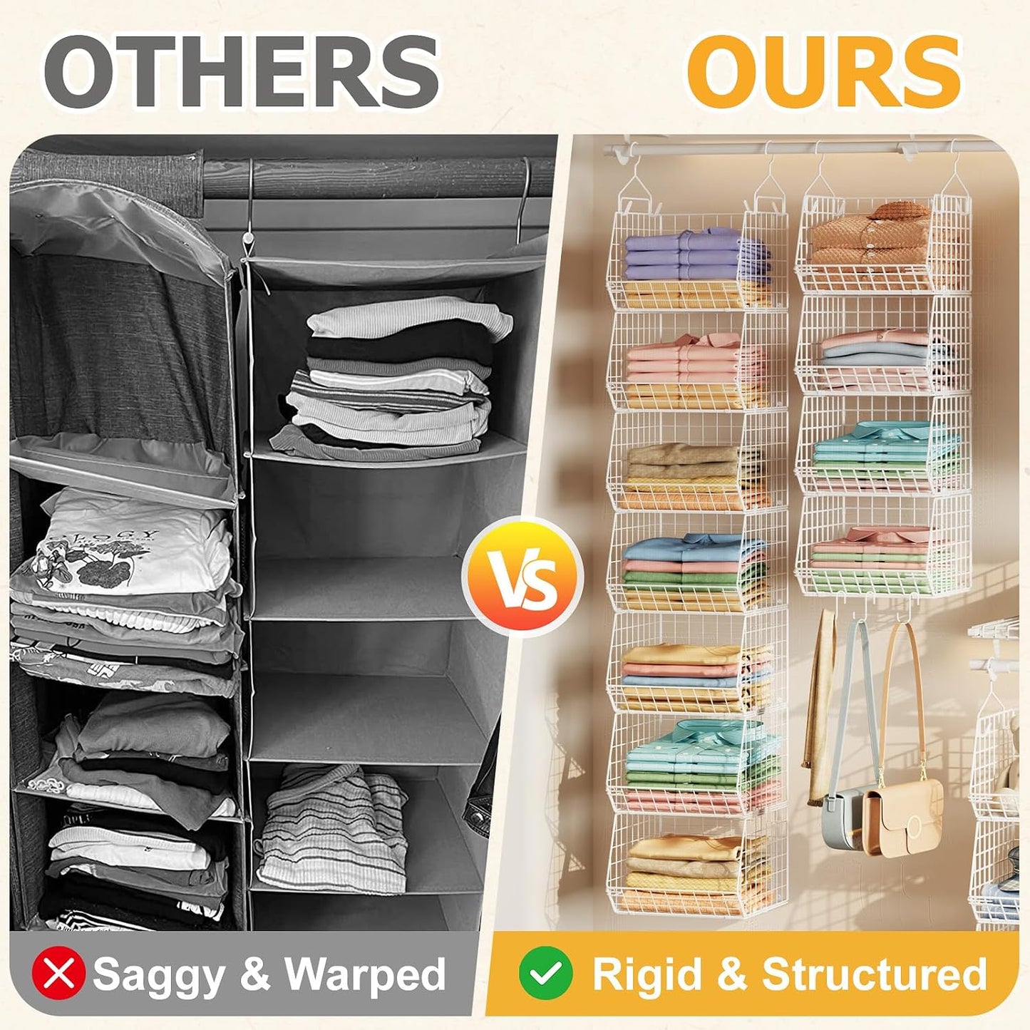 X-cosrack 3-Tier Hanging Closet Organizer, Laundry Room Organization | Space Saving Shelves with 1.65" Hook & 5 S-Hooks | Hanging Wire Baskets (12.4" W x 8.8" H x 10.24-11.8" D)