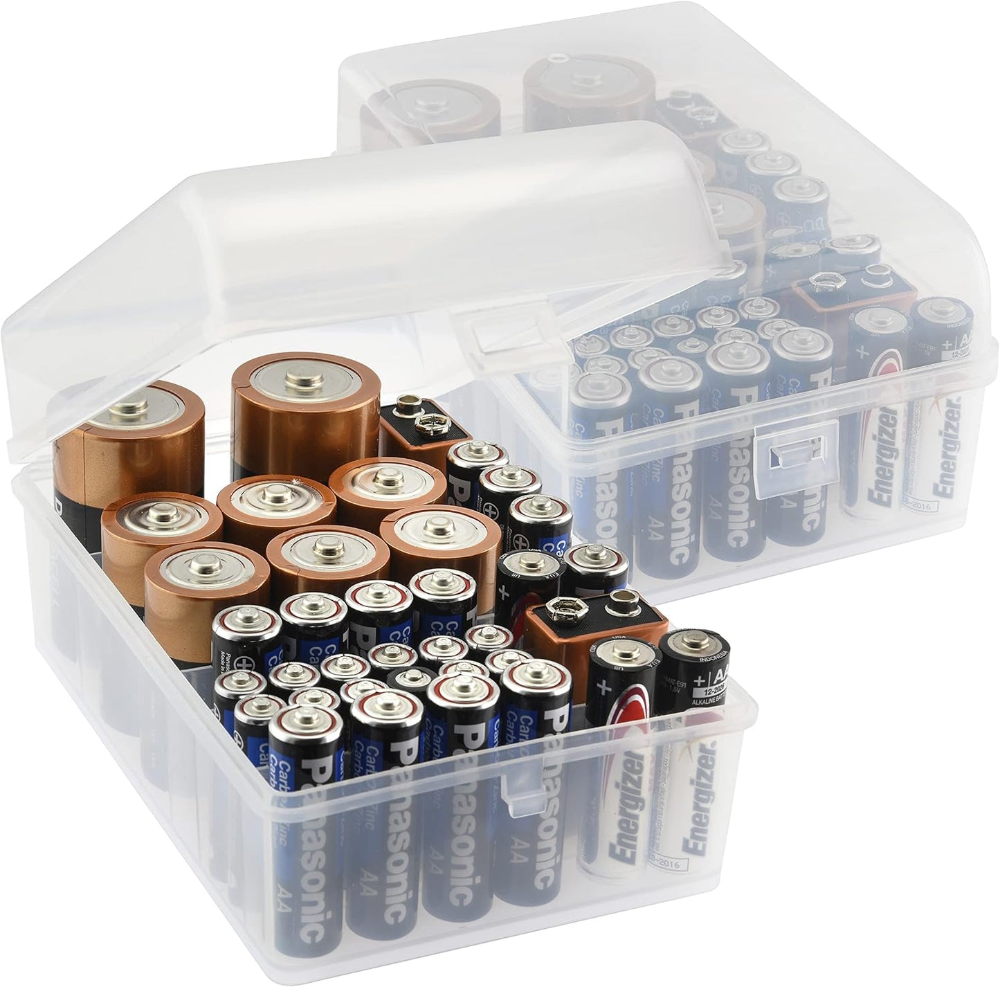GlossyEnd Set of 2, 37 Slot Multi Battery Storage Box, Battery Storage Case, Battery Holder, Stores: 15 AA Batteries, 12 AAA Batteries, 6 C Batteries, 2 D Batteries and 2 9V Batteries, Clear