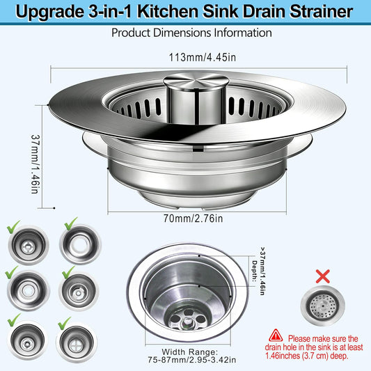 Kitchen Sink Drain Strainer for 3-1/2 Inch Drain Hole, 3-in-1 304 Stainless Steel Pop-Up Sink Strainer and Stopper with Anti-Clog Filter Basket & Food Catcher (Silver, 1 Pack)