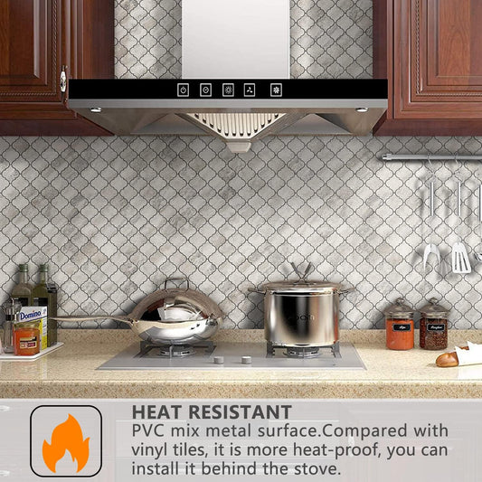 STICKGOO Arabesque Peel and Stick Backsplash Tile, Stick on Backsplash for Kitchen and Bathroom, Beige Marble Look PVC Mixed Metal Aluminum Mosaic Tiles (10 Sheets)