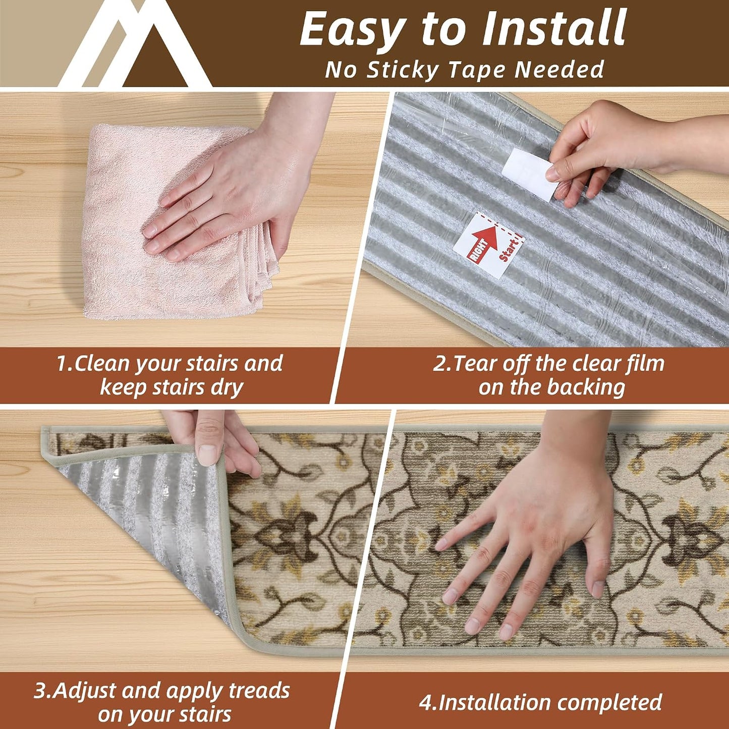COSY HOMEER Stair Treads for Wooden Steps Non Slip Washable 8" X 30" 4pcs | Self Adhesive,Peel and Stick,Soft Carpet Stair Treads for Kids,Elder,Pet,Residue Free,Reusable Stair Runner,Multi-Surface Use