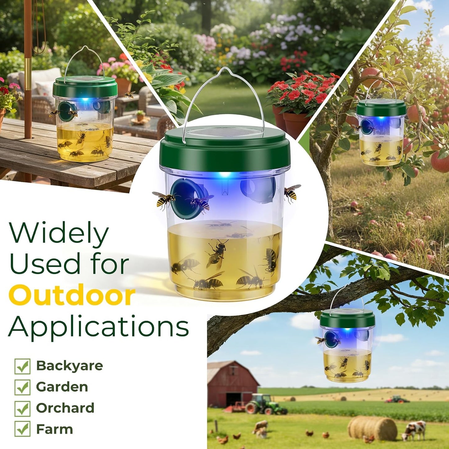 Wasp Traps Outdoor Hanging 4 Packs, Solar Powered Hornet Catcher for Outside Patio Backyard Camping, New Upgrade Carpenter Bee Insect Yellow Jacket Trap with LED Light