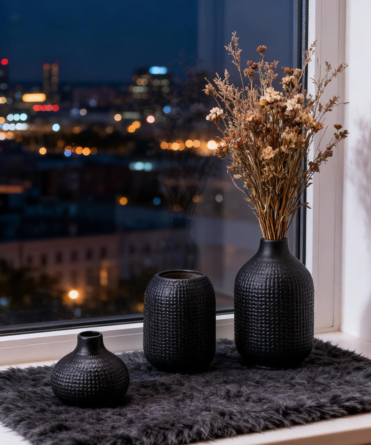 White Ceramic Vases for Decor, 3 Set Small Modern Minimalist Ribbed Vases Decorative for Table Shelf Decor Bookshelf Decoration Vase