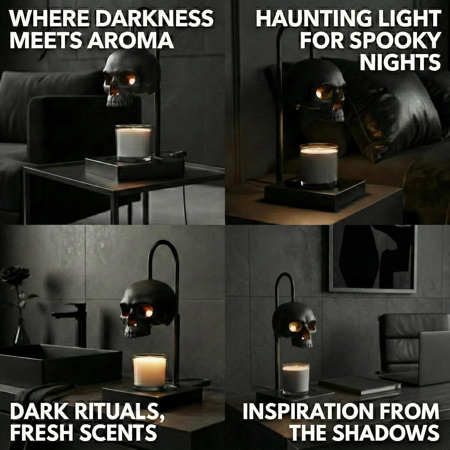 Skull Candle Warmer Lamp with Timer and Dimmer *Candles NOT Included – Black Gothic Candle Lamp Warmer w/Adjustable Height, 2 Light Bulbs – Skull Decor, Goth Gothic Decor Spooky Home & Witchy Gifts