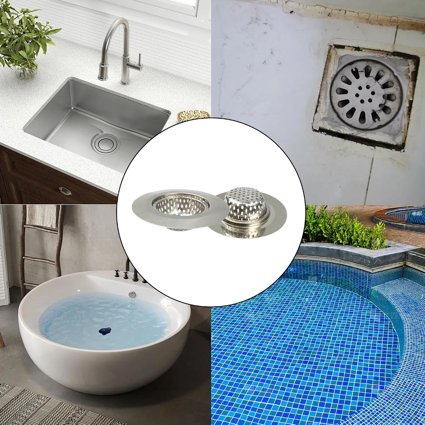 2PCS Kitchen Sink Strainers, 3" Top/1.5" Basket, Stainless Steel Bathtub Drain Strainer, Shower Hair Drain Catcher, Drain Filter Basket