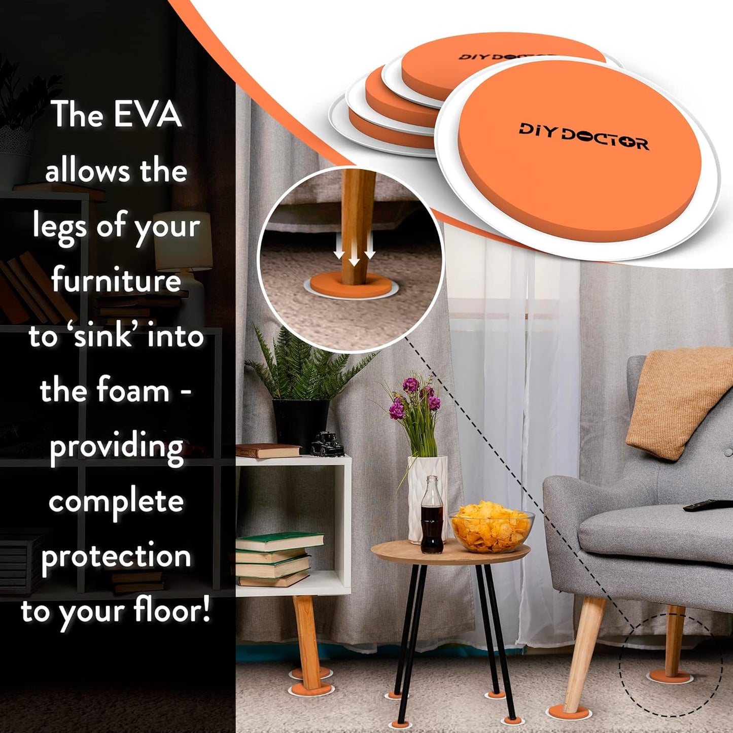 DIY Doctor Furniture Sliders – 8-Piece Set with Large & Small Sliders - Move Heavy Furniture Easily on Carpet, Hardwood & Tile – Reusable Floor Protectors – Orange