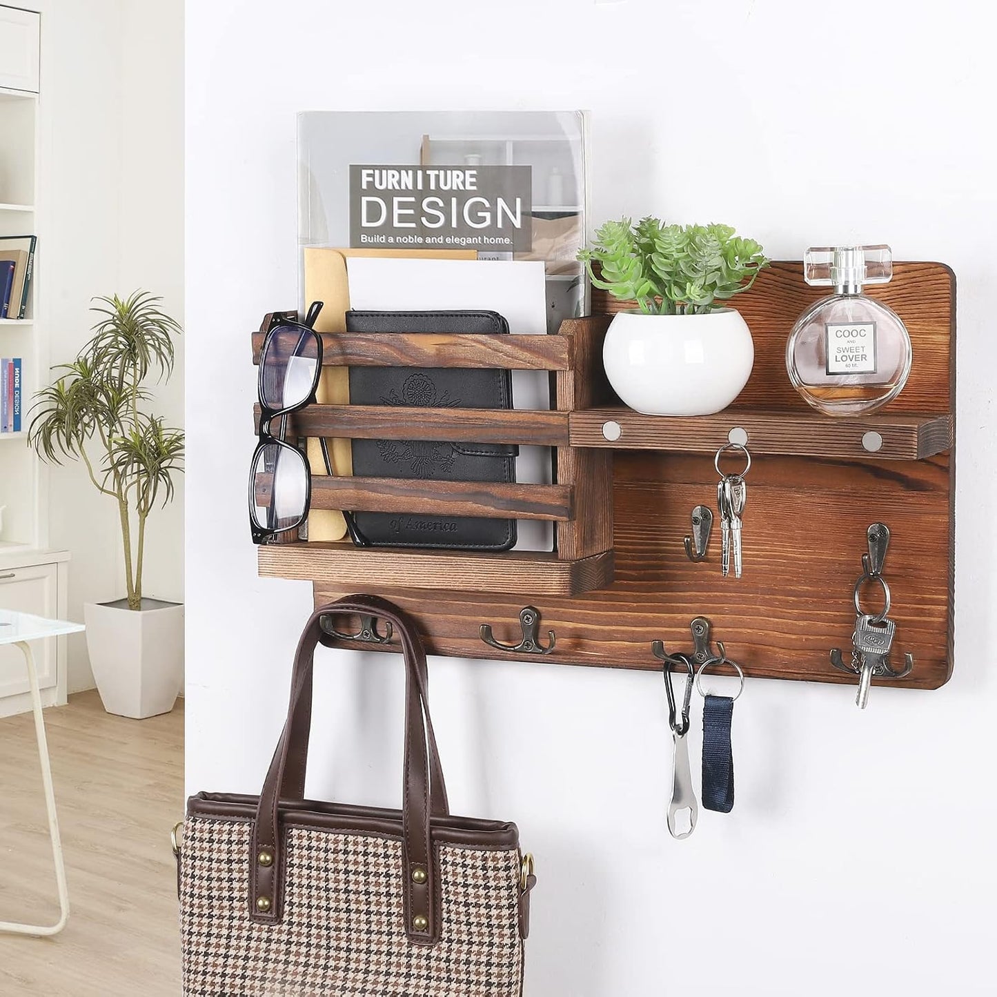 Decorative Key Hanging Rack with 10 Hooks – Easy Install Natural Wooden Key and Mail Holder for Wall Mount – Entryway Decor Rack with Shelf (Black)