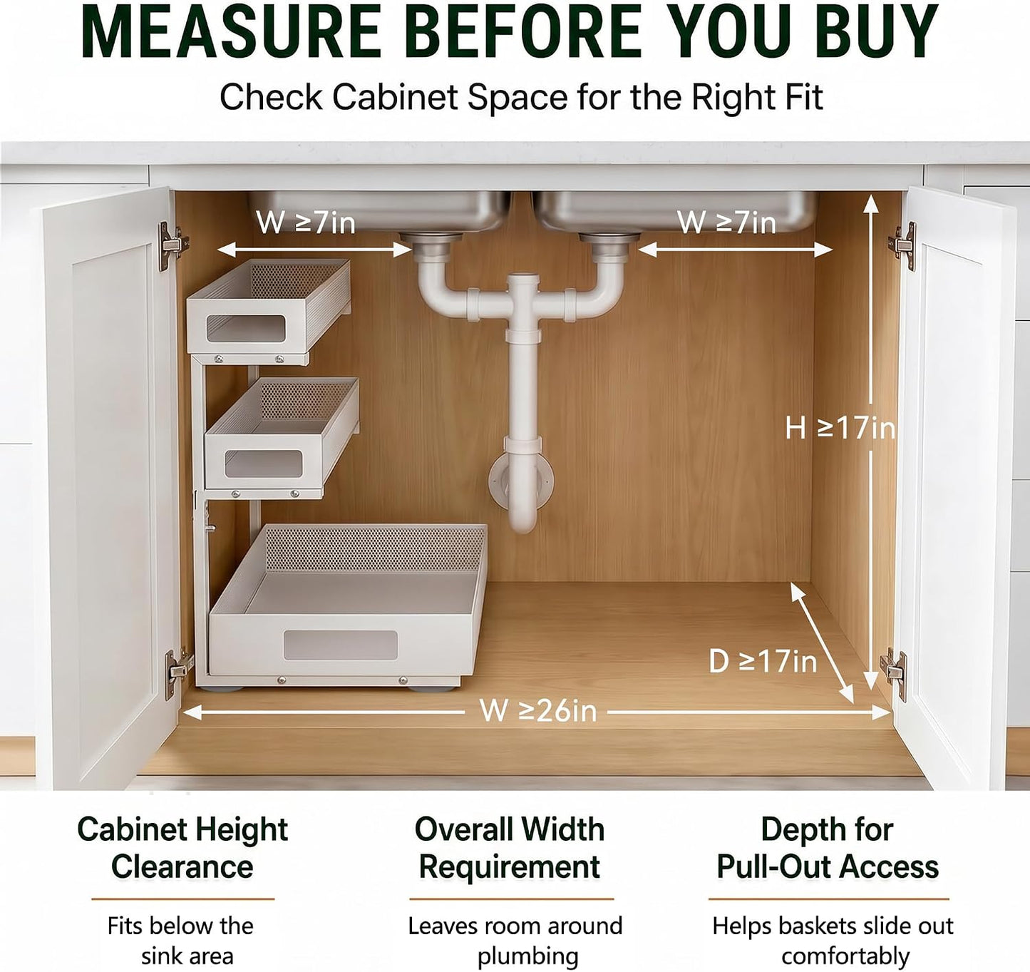 3 Tier Under Sink Organizer,2 Pack Pull Out Cabinet Shelves with Adjustable Height,Heavy Duty Carbon Steel L-Shaped Storage for Kitchen Bathroom Sink,Pantry & Laundry,White
