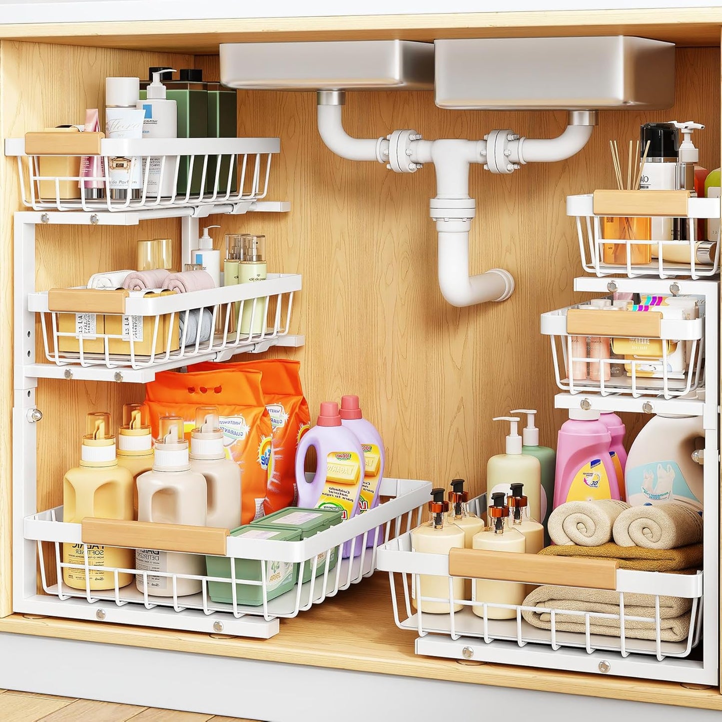 PXRACK Under Sink Organizer, 3-Tier 2-Pack Adjustable Height Pull Out Under Cabinet Organizer, Slide Out Thickened Metal Under Sink Storage for Kitchen Bathroom Laundry Pantry Organization, Black
