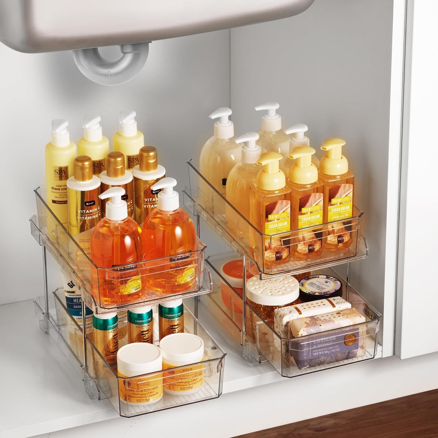 Masirs 2-Tier Clear Pull-Out Drawer Organizer - Sleek, Compact & Sturdy Makeup and Closet Organizer - Easy Assembly Kitchen Storage Solution, Ideal for Makeup, Tools, Medicines & Snacks