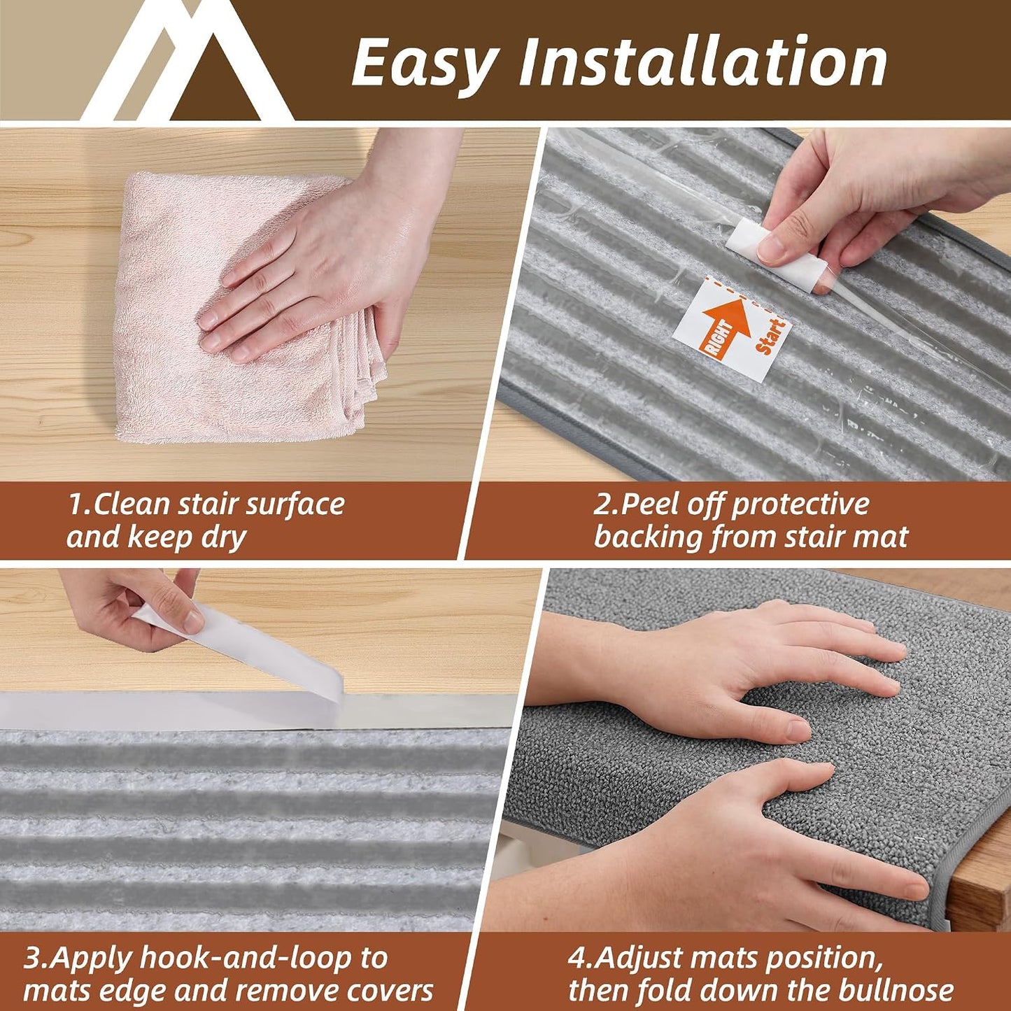 COSY HOMEER Bullnose Carpet Stair Treads, Peel and Stick Non-Slip Stair Treads for Wooden Steps, 11" x 30" Indoor Stair-Runner Rugs (4Pc, Gray)