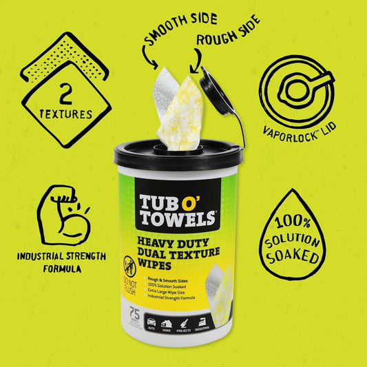 Tub O' Towels TW75 Heavy-Duty Multi-Surface Cleaning Wipes, Pack of 1 – XL 10" x 12" Dual-Texture Wipes – Helps Remove Grease, Oil, Tar, Paint, Ink & Tough Messes – For Home, Garage, Auto & Workshop