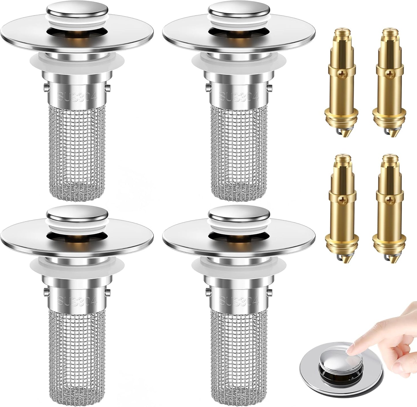 2PCS Bathroom Sink Stopper Strainer, Pop-Up Bathroom Sink Drain Strainer with Removable Stainless Steel Hair Catcher Basket, Universal Fit for US Bathroom Sinks, Bathtubs, Showers & Floor Drains