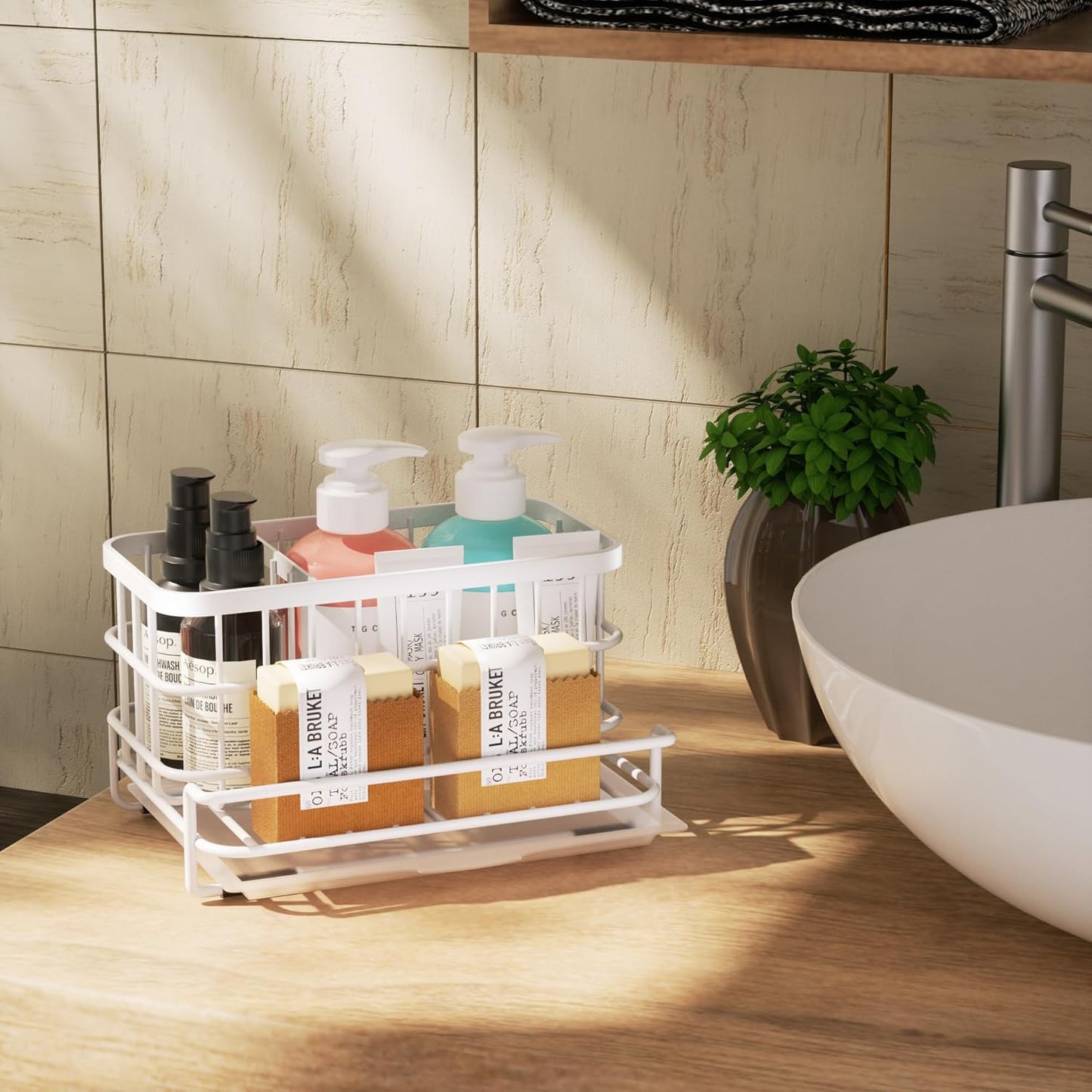 HapiRm Kitchen Sink Organizer, SUS304 Stainless Steel Rustproof Multifunctional Large Sink Caddy with Sponge Holder and Drain Tray for Kitchen Countertop (Silver)