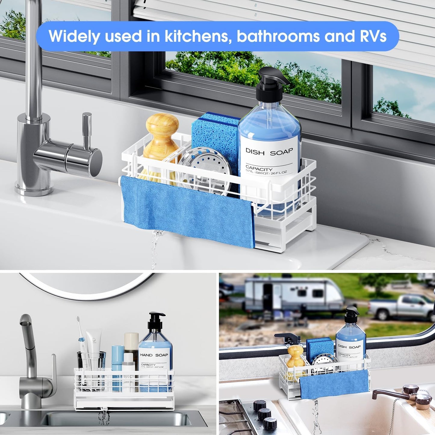 Kitchen Sink Sponge Holder, Rustproof Non-Slip Self-Draining Metal Sink Caddy with Detachable Dish Cloth Holder (Black)