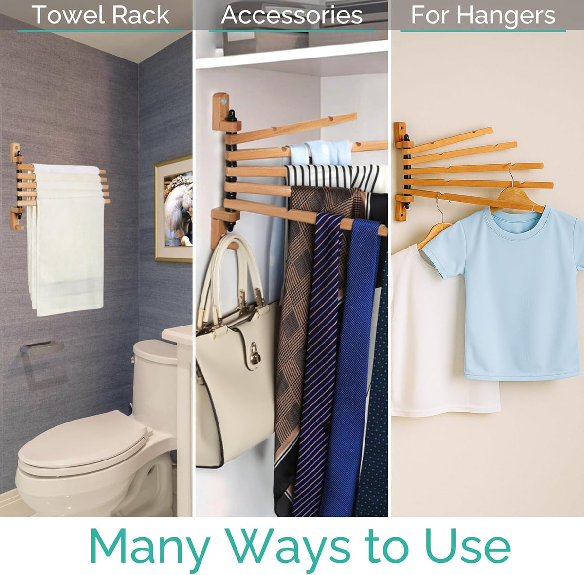 TERRA HOME Swivel Towel Rack - Clothes Drying Rack Wall Mounted - Crafted with Rustic Hard Wood - 5 Durable Rods, Stylish and Home Docor Design for Bathroom, Laundry Room