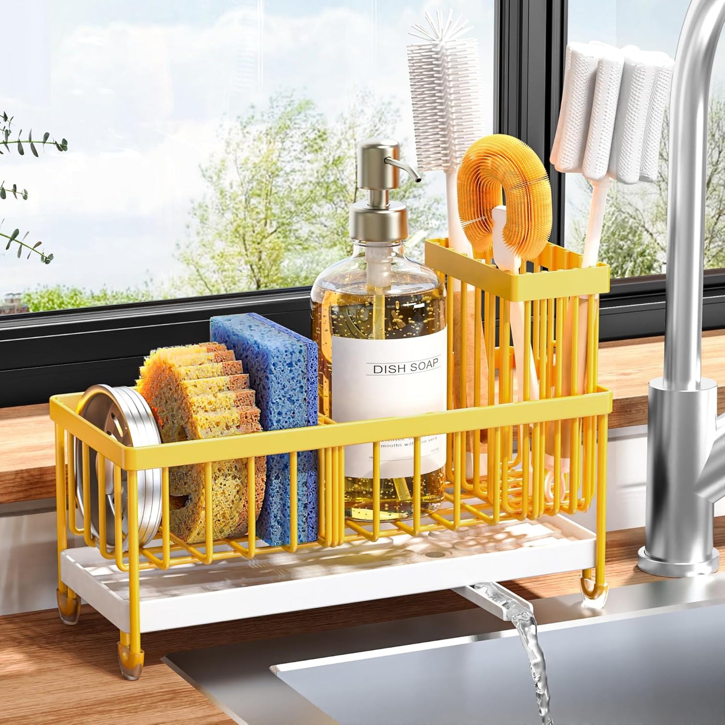 Cisily Sponge Holder for Kitchen Sink, Sink Caddy Organizer with High Brush Holder, Kitchen Countertop Organizers and Storage Essentials, Rustproof 304 Stainless Steel (Black, 9.25″)