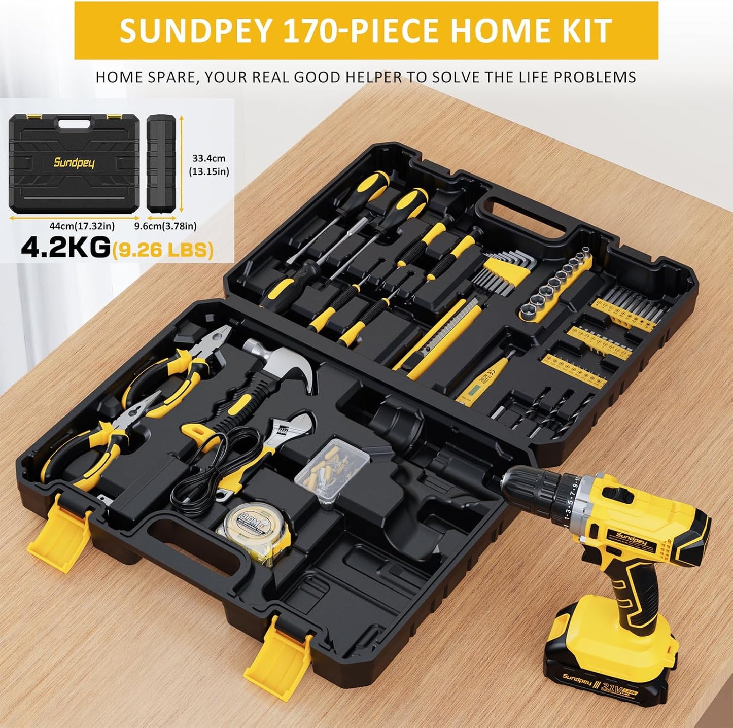 Sundpey Tool Kit with 21V Drill - 170-PCs Portable General Basic Home Repair Tool Set with Power Drill & 2.0Ah Battery & Charger & Tool Box for Homeowner Drilling DIY Projects House Repairs & Handyman