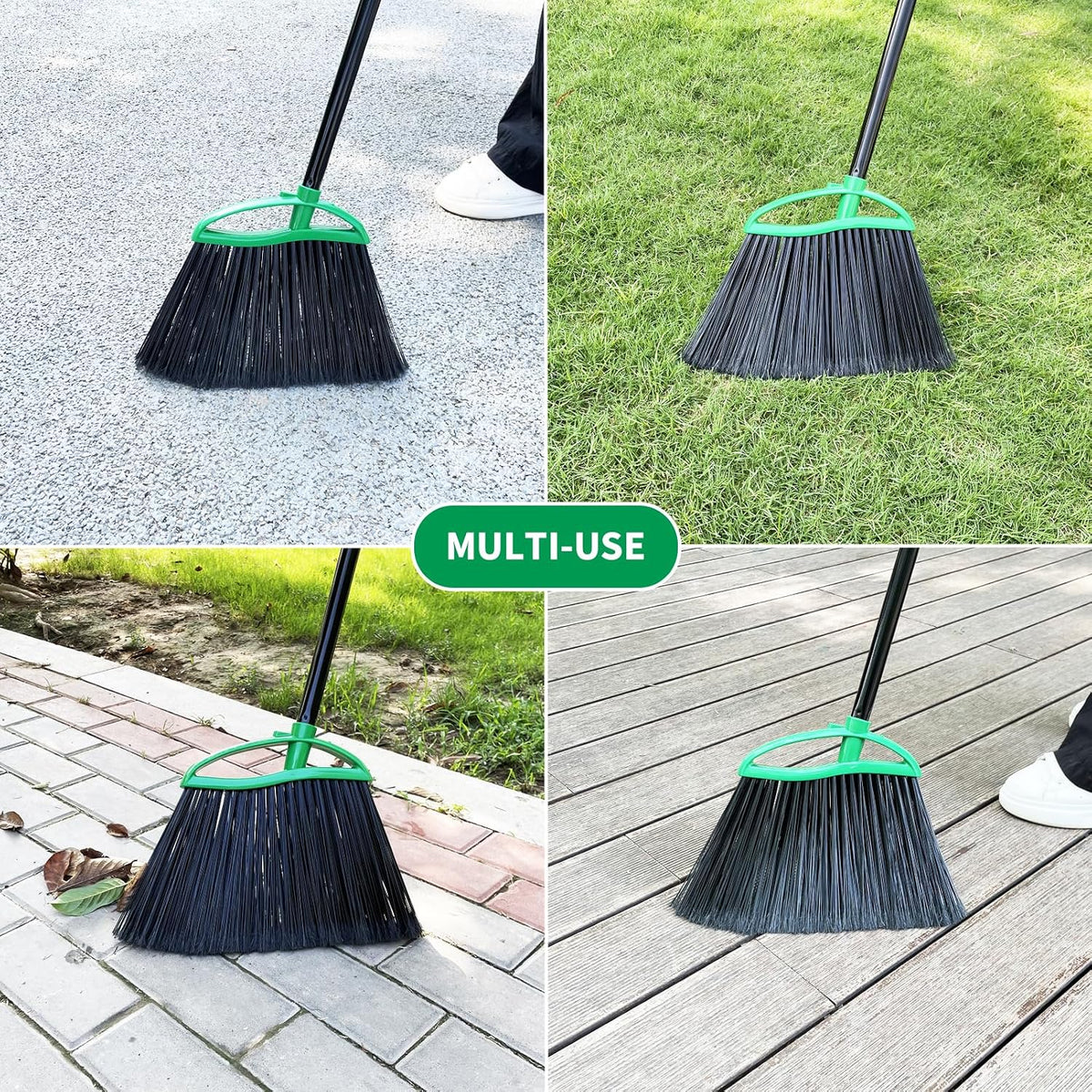 2 Pack Heavy Duty Brooms, 55" Long Handle Angle Broom Set | Indoor Outdoor, Household Commercial Floor Cleaning, for Sweeping Home, Kitchen, Deck, Garage, Patio - Green