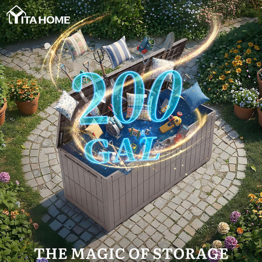 YITAHOME XL 200 Gallon Large Deck Box | Waterproof Resin Outdoor Storage Box with Lock and 3-Person Bench Seating for Patio Furniture Cushions,Garden Tools & Pool