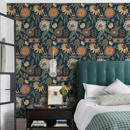 Simon&Siff Boho Peel and Stick Wallpaper, 17.3" x 80" Sun Floral Retro Contact Paper Removable Self Adhesive Wall Paper for Cabinets Furniture Bedroom Nursery Bathroom Renter Friendly DIY Decor
