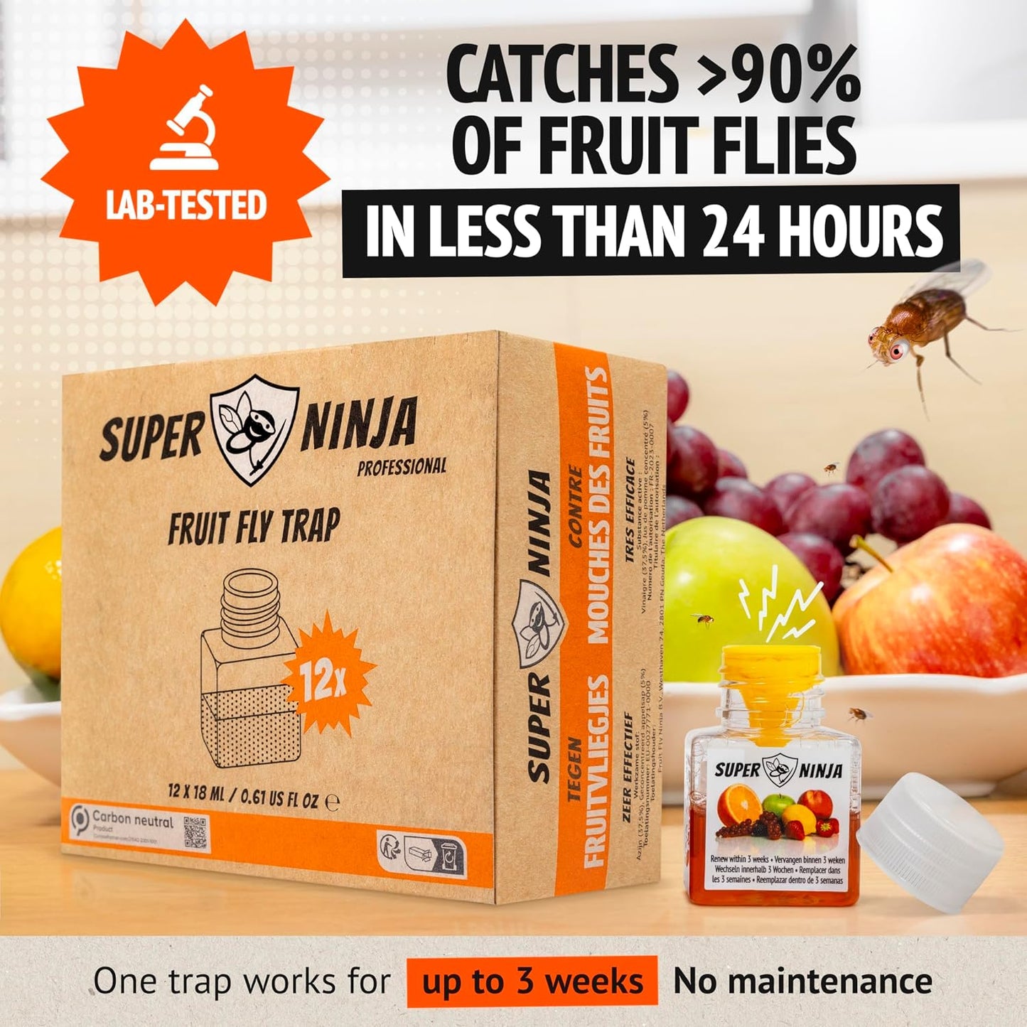 Super Ninja Fruit Fly Traps for Indoors - 4 Pack, Highly Effective Fruit Fly Catcher for Indoor Use for Home & Kitchen, Up to 3 Weeks of Performance per Bottle, Kid & Pet Friendly