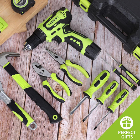 FASTPRO 160-Piece Home Tool kit with Drill, 12V Cordless Drill Driver and Household Repairing Tool Set with Storage Case, For DIY, Home Maintenance, Green