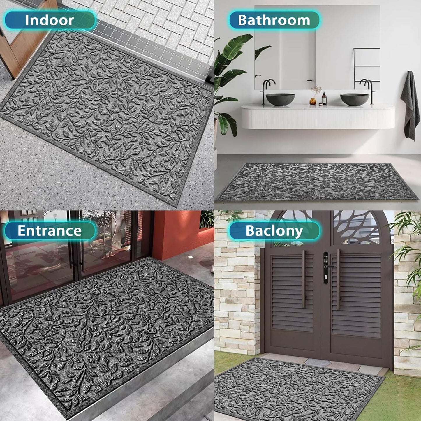 Bulijojo Sturdy Front Entrance Doormats,Durable Heavy Duty Welcome Mat,Thick Absorbent Natural Rubber Non Slip Mat,Easy Clean Entryway Mat 17x30 Inch Leaves Green