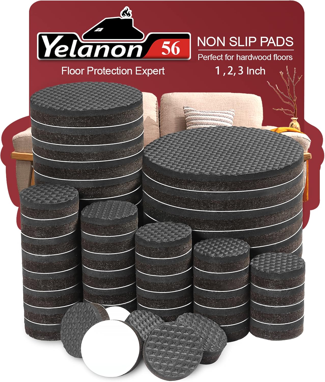 Yelanon Non Slip Furniture Pads -56 pcs(1+2)” Furniture Grippers, Non Skid Furniture Legs,Self Adhesive Rubber Furniture Feet, Anti Slide Furniture Hardwood Floor Protector for Keep Couch Stoppers