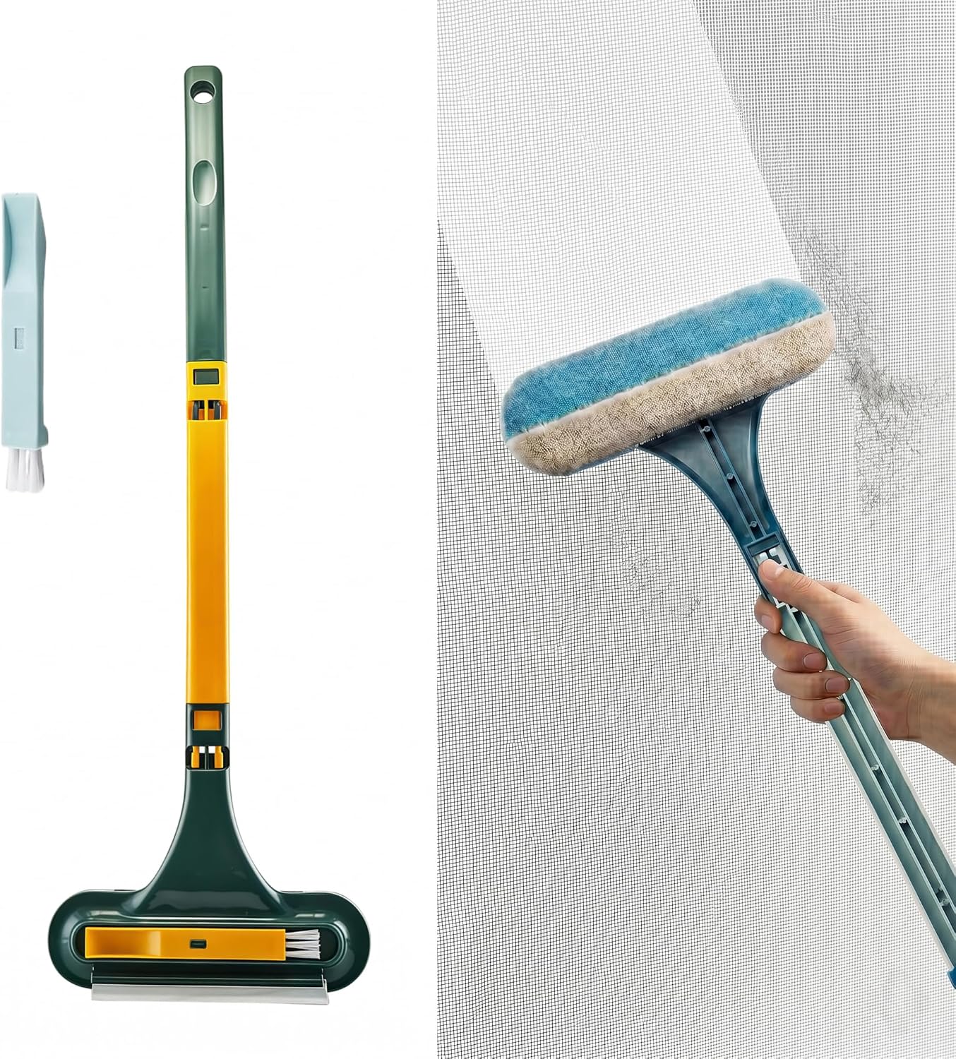 Window Screen Cleaning Brush with Long Handle, 2-in-1 Mesh Cleaner Tool & Squeegee, Double-Sided Multi-Purpose Scrubber for Glass, Sliding Door, Patio & Porch Screens (Blue)