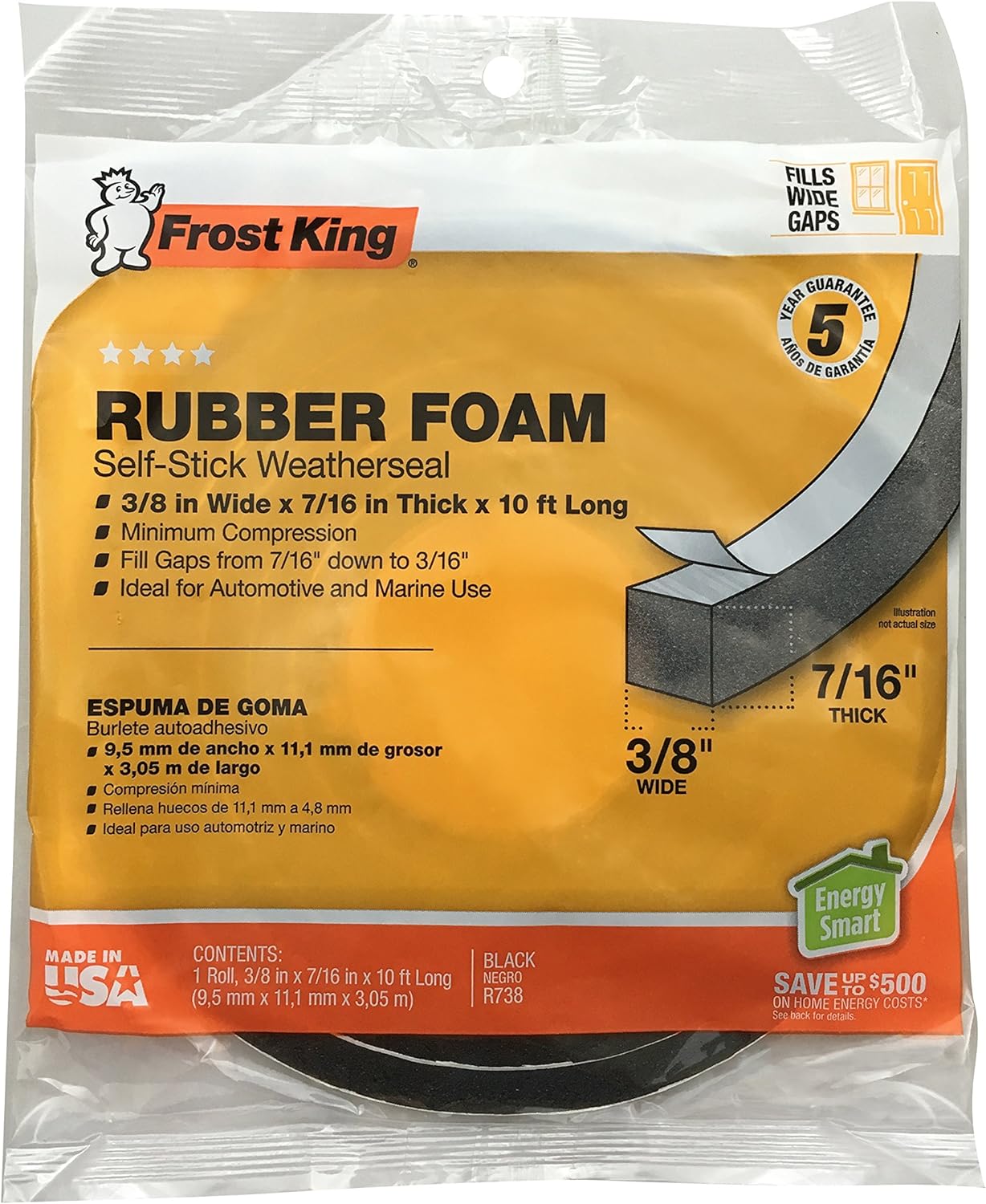 Frost King R338H Self-Stick Rubber Foam Weatherseal, 3/8"W, 3/16"T, Black|Blacks