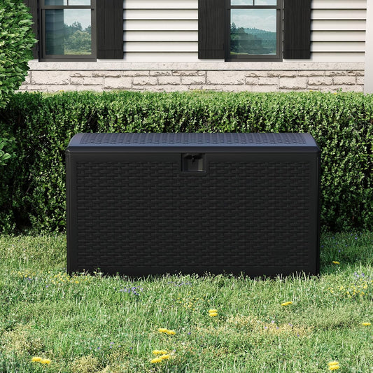 73 Gallon Lockable Outdoor Storage Bench Box, Waterproof & UV Resistant Patio Deck Container for Cushions, Pool Supplies & Yard Toys