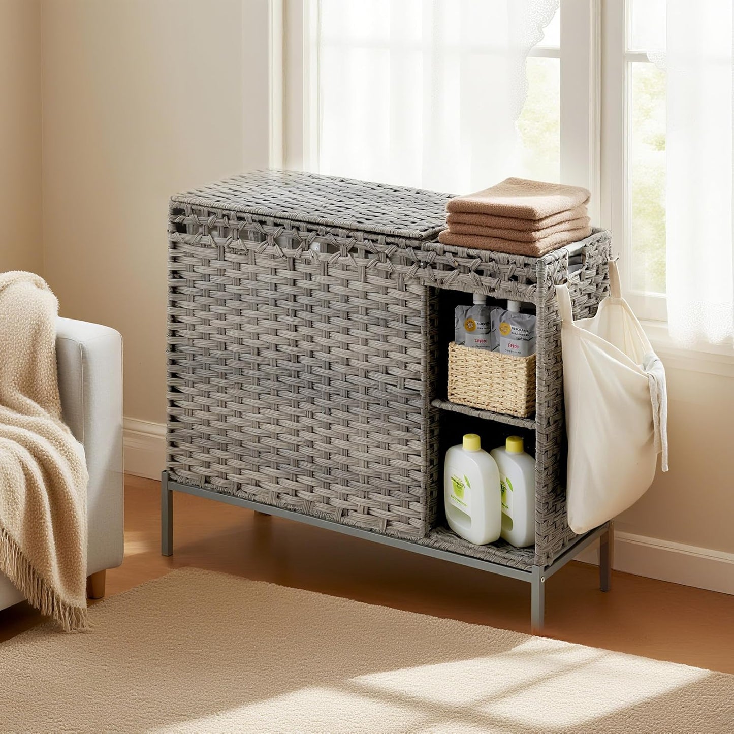 Gitelsnour Laundry Hamper with Lid, 110L (29.1 Gal) Rattan Laundry Hamper 2 Section with 50L (13.2 Gal) Storage Shelf, Wicker Woven Laundry Sorter Basket with 3 Liner Bags and Handles, Brown GLH002BR